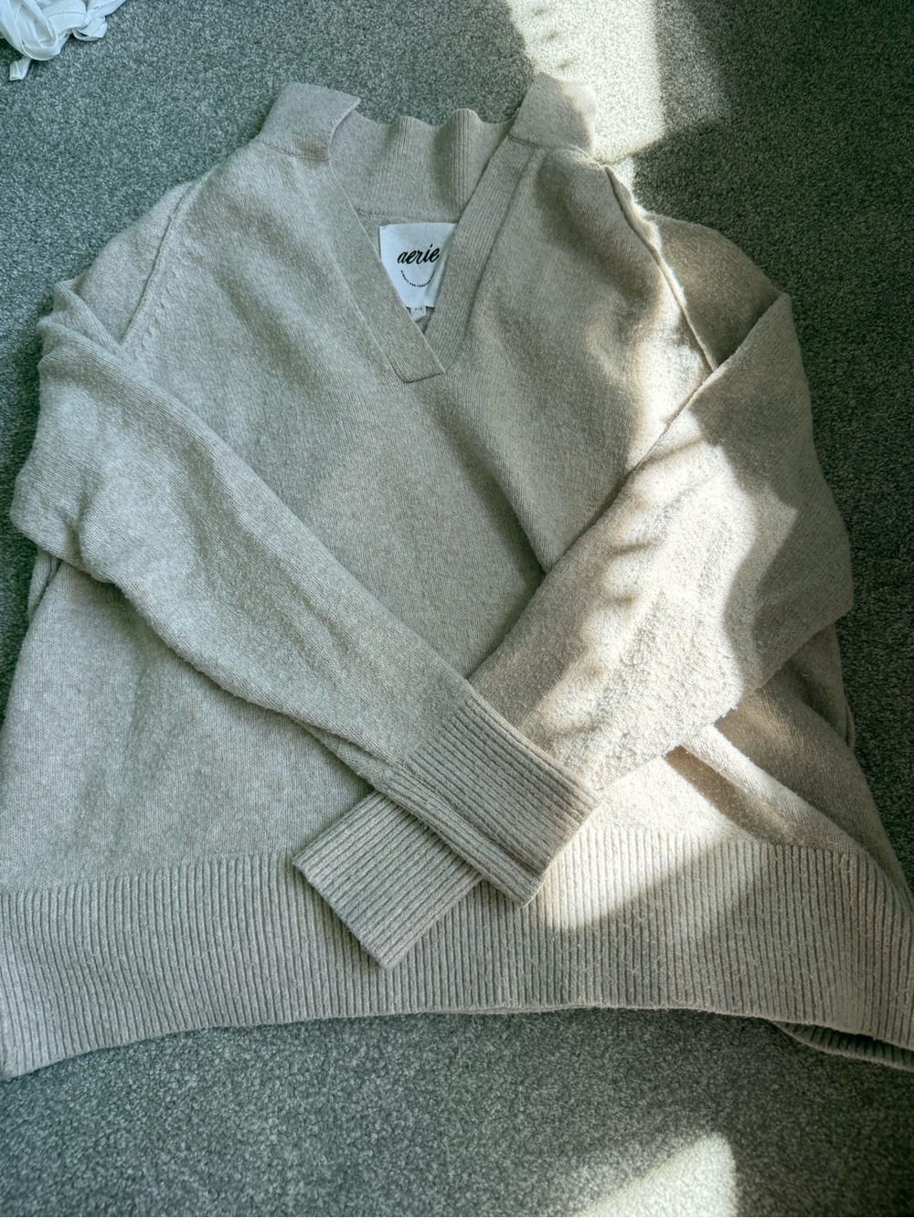 Aerie Women's Cream V-Neck Cozy Pullover Sweater
